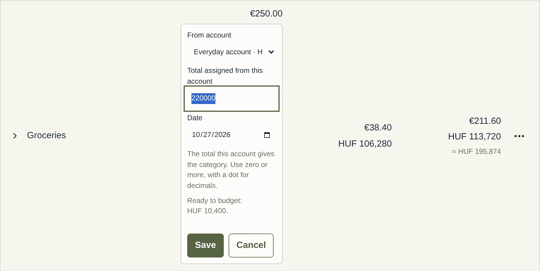 The assign editor below the Groceries category, with From account, Total assigned from this account and Date.