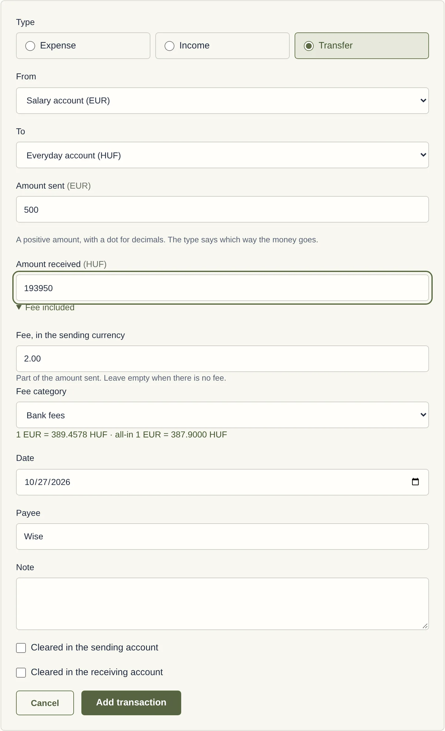The Add transaction form for a transfer from a EUR account to a HUF account, with Amount sent, Amount received and a fee.