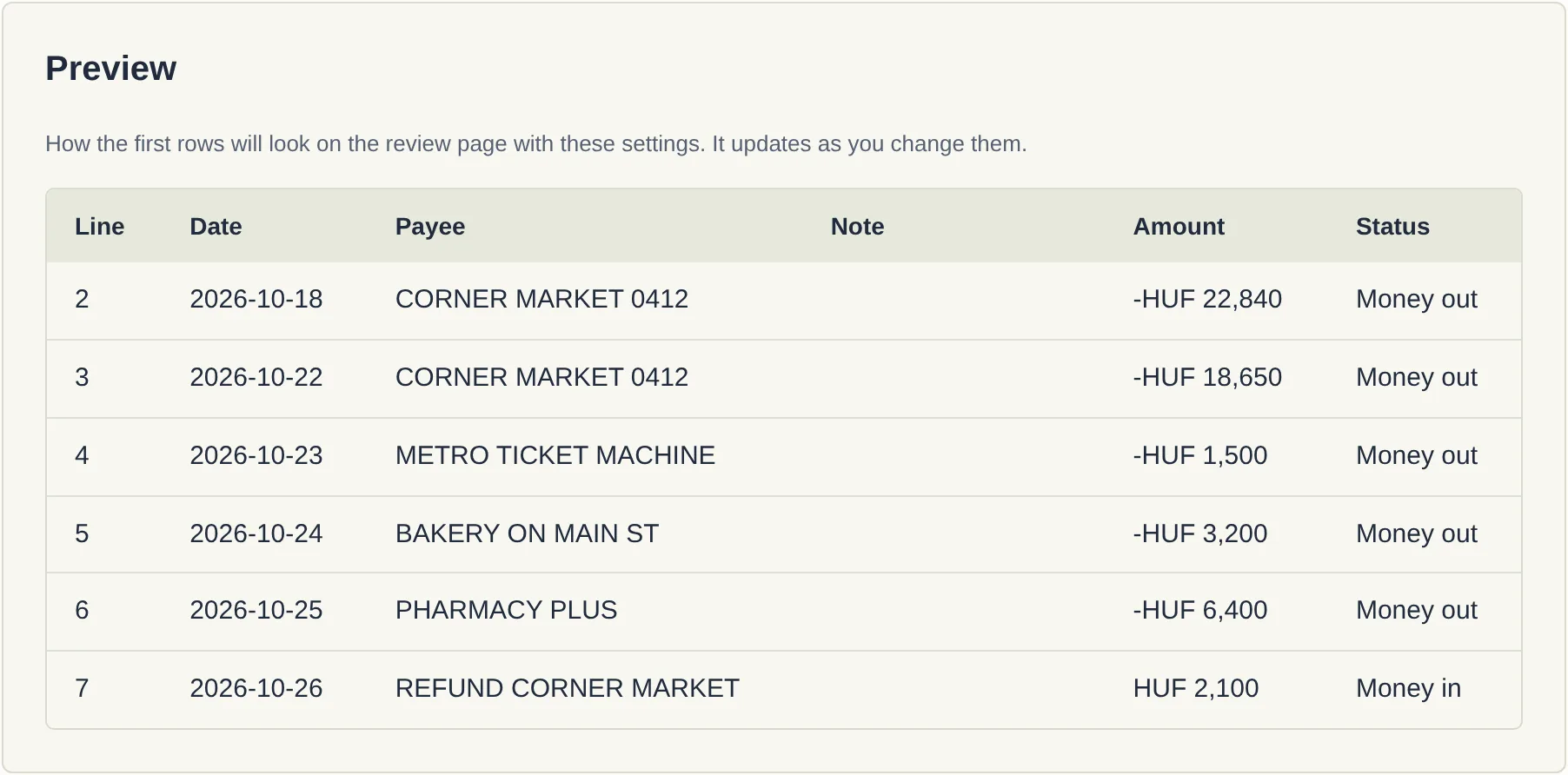 The Preview on the mapping page: the first rows of the file with date, payee, amount, and Money in or Money out.