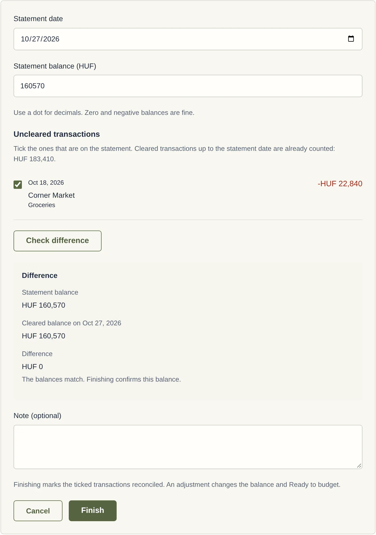 The Reconcile page: statement date and balance, one uncleared transaction ticked, and a difference of zero.