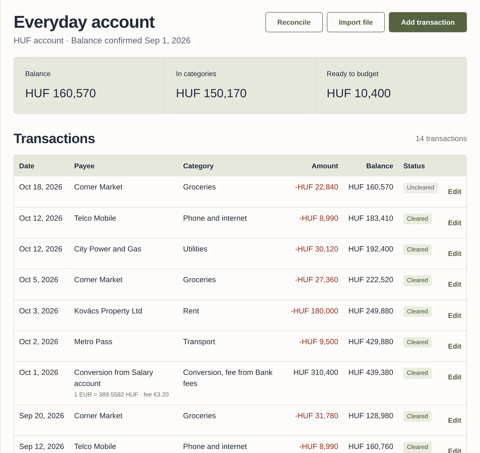 The register of Everyday account: balance cards, then transactions with amount, running balance and status, including a conversion with its rate.