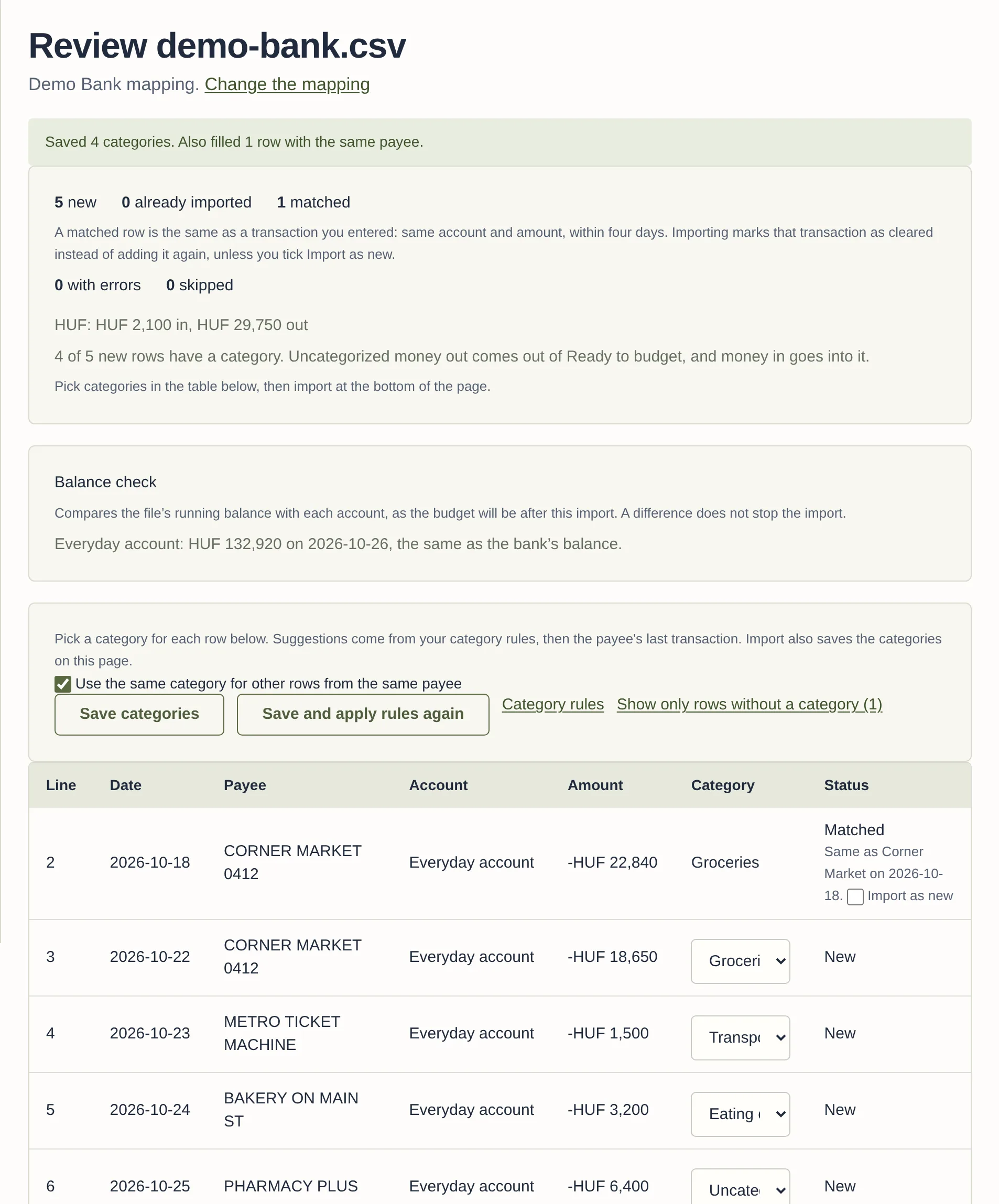 The review of a demo file: a summary, a balance check that agrees with the bank, and rows with categories and statuses.