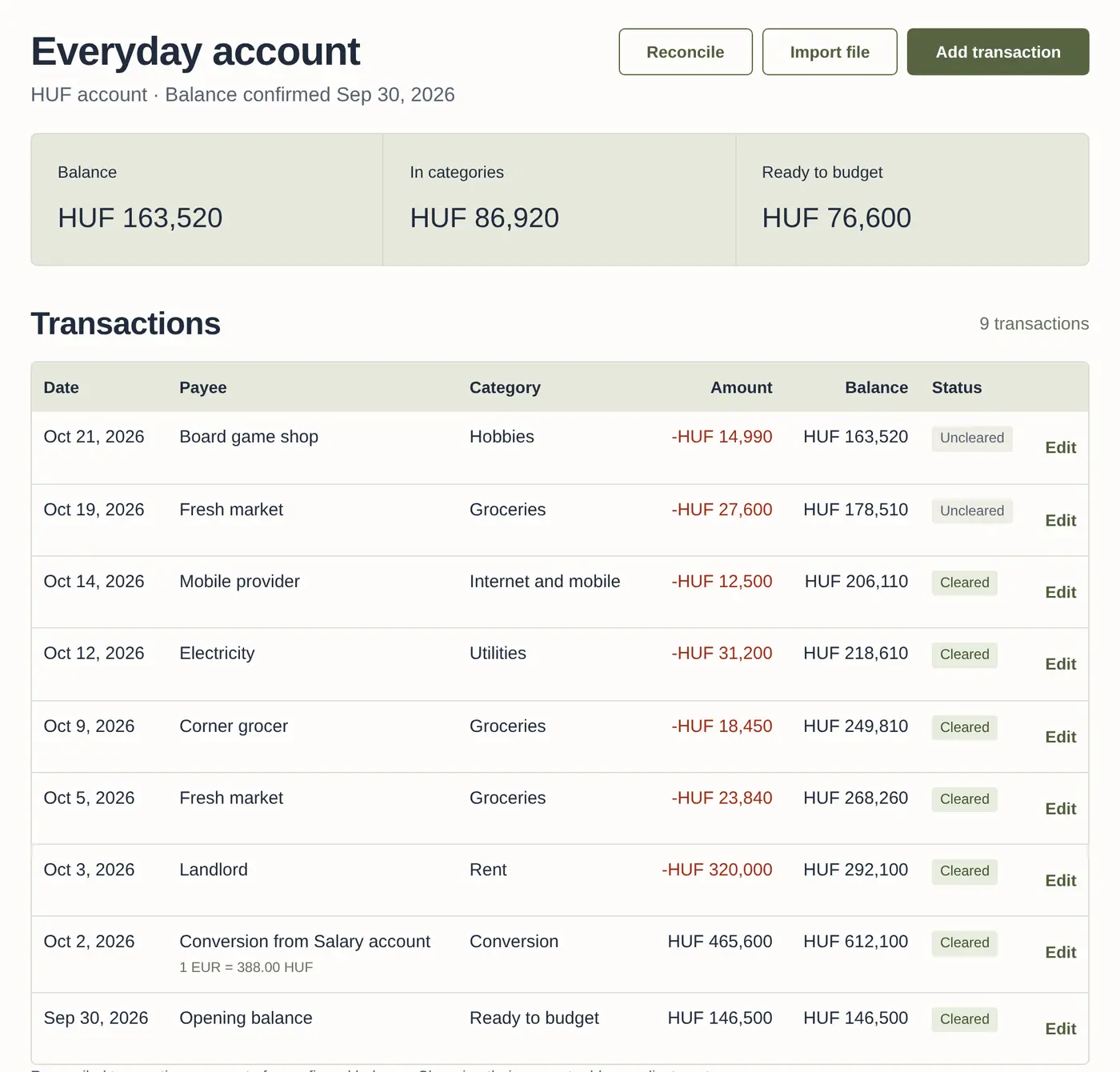 An account register with running balance, cleared status and a euro to forint conversion.