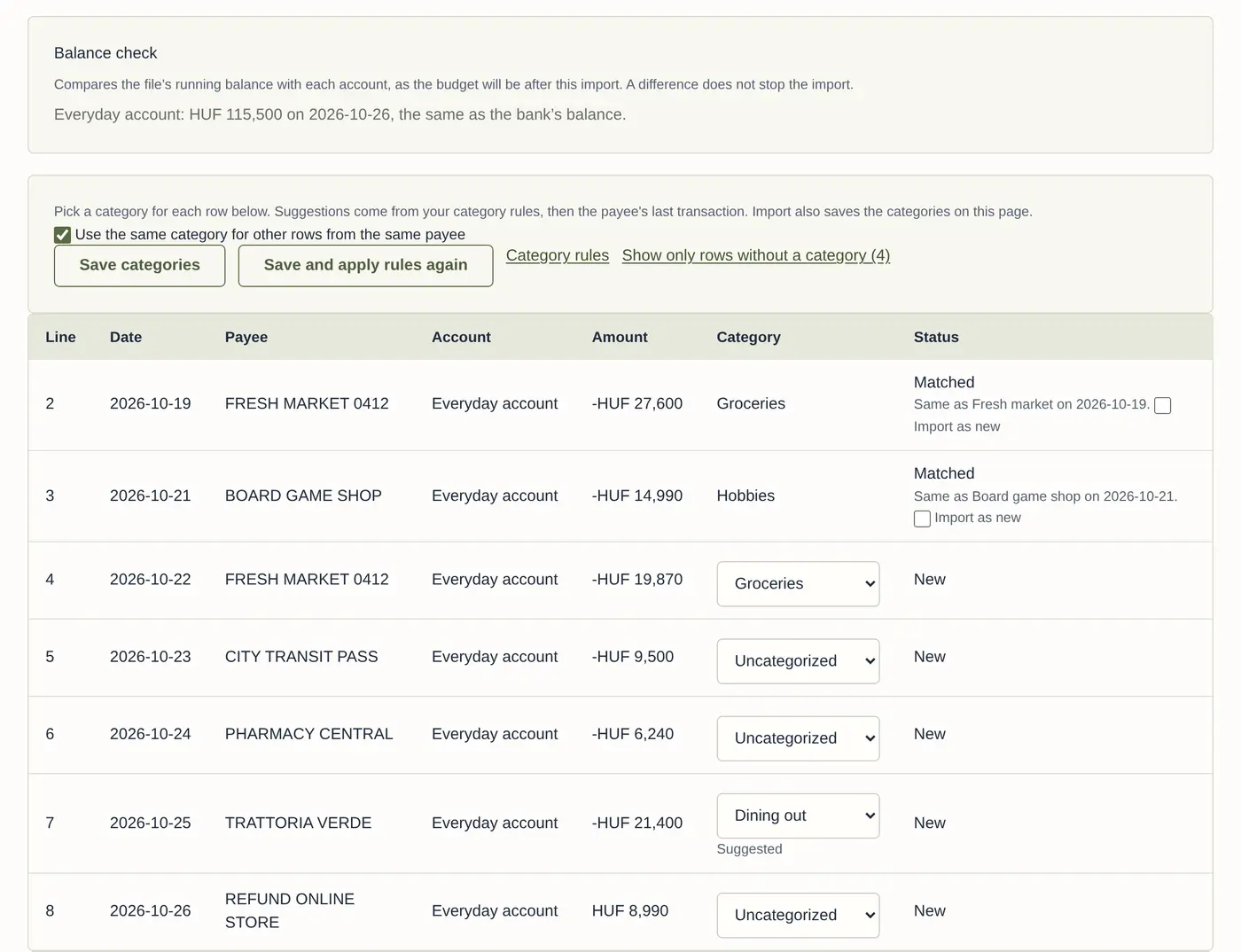 Reviewing an import: the balance check agrees with the bank, two rows match existing transactions and five are new.